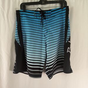 Ron Jon Surf Shop Swim Trunks Men's 32 Blue Black Striped Drawstring 9" Inseam